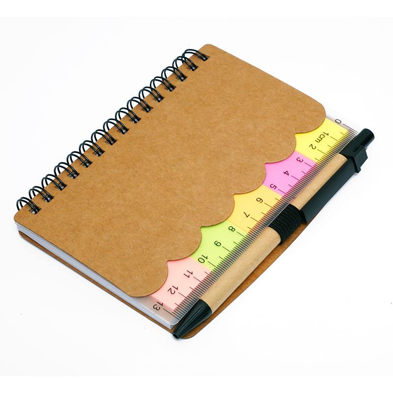 Spiral Notebook With Recycled Cardboard Cover & Pen, Ruler, & Sticky Notes